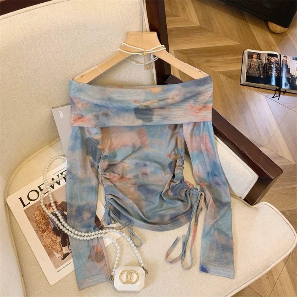 Off shoulder sheer long sleeves top